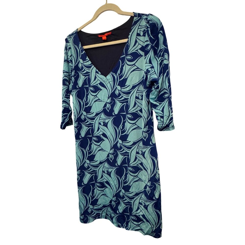 Nicola Antoni Floral Print Womens 3/4 Sleeve V-Neck Dress Size L Blue & Green - Picture 2 of 9